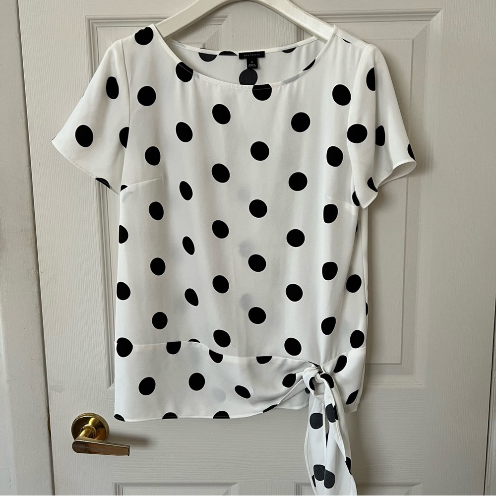 Ann Taylor Short Sleeve Polka Dot Tie-Hem Blouse